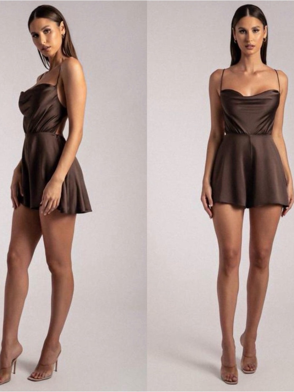 MESHKI Chocolate Brown Satin Cowl Neck Open Back Romper | Spaghetti Strap